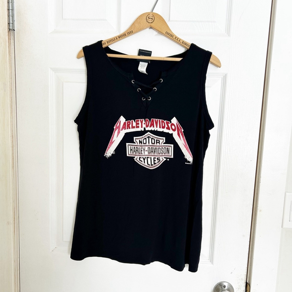 Women's Harley-Davidson Tank Top Size 1XL Black Lace Up Super Soft & Flowy Sprin - Picture 2 of 9
